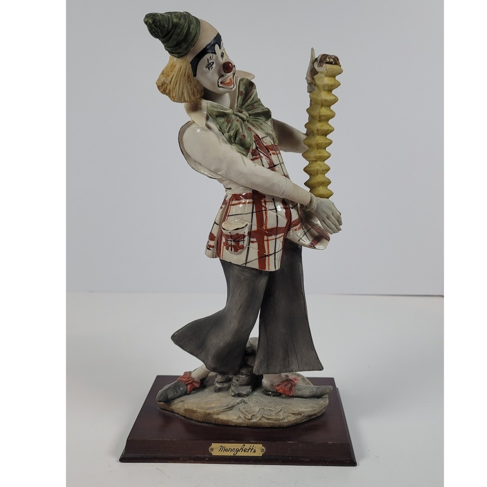 Vintage 1986 Meneghetti Arnart Imports Clown Figurine on Wood Base 12.5 Inch